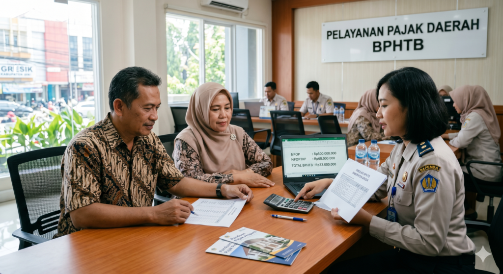Suami Istri berdiskusi mengenai perhitungan pajak properti BPHTB dengan notaris profesional di ruang rapat modern.