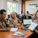 Suami Istri berdiskusi mengenai perhitungan pajak properti BPHTB dengan notaris profesional di ruang rapat modern.