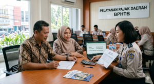 Suami Istri berdiskusi mengenai perhitungan pajak properti BPHTB dengan notaris profesional di ruang rapat modern.