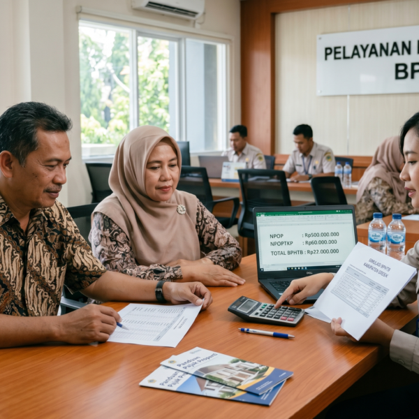 Suami Istri berdiskusi mengenai perhitungan pajak properti BPHTB dengan notaris profesional di ruang rapat modern.