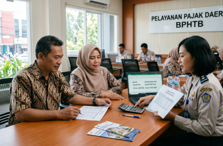 Suami Istri berdiskusi mengenai perhitungan pajak properti BPHTB dengan notaris profesional di ruang rapat modern.