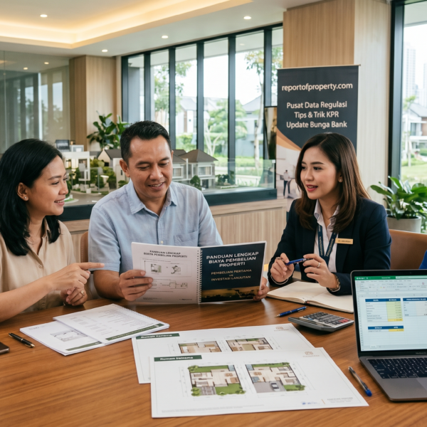 Konsultasi pembelian rumah pertama dan investasi properti antara calon pembeli dengan agen bank dan notaris di ruang kantor.
