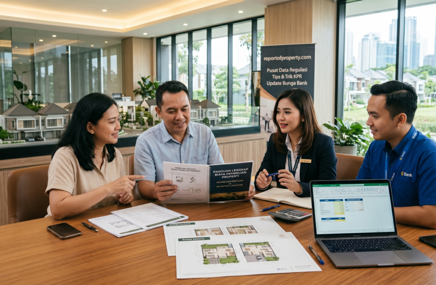 Konsultasi pembelian rumah pertama dan investasi properti antara calon pembeli dengan agen bank dan notaris di ruang kantor.