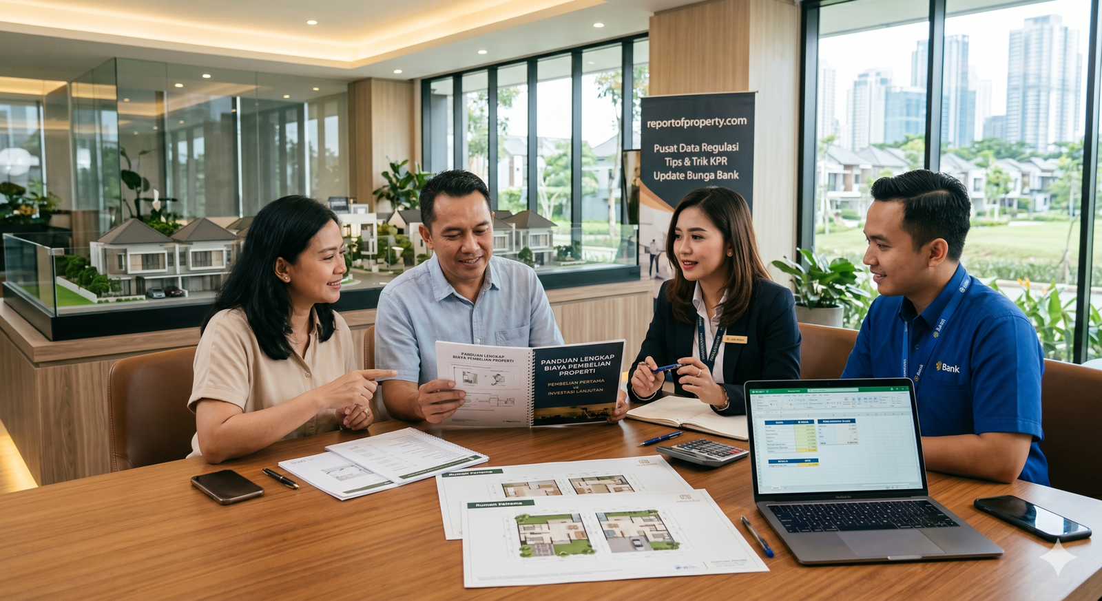 Konsultasi pembelian rumah pertama dan investasi properti antara calon pembeli dengan agen bank dan notaris di ruang kantor.
