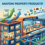 Infografis anatomi properti produktif yang menunjukkan perbandingan keuntungan investasi di kota, mencakup capital gain, yield, akses infrastruktur, koneksi, dan kecepatan informasi.