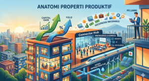 Infografis anatomi properti produktif yang menunjukkan perbandingan keuntungan investasi di kota, mencakup capital gain, yield, akses infrastruktur, koneksi, dan kecepatan informasi.