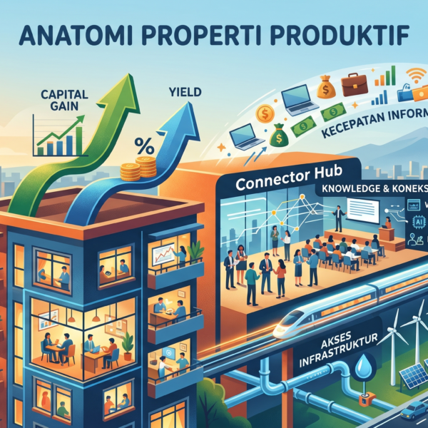 Infografis anatomi properti produktif yang menunjukkan perbandingan keuntungan investasi di kota, mencakup capital gain, yield, akses infrastruktur, koneksi, dan kecepatan informasi.