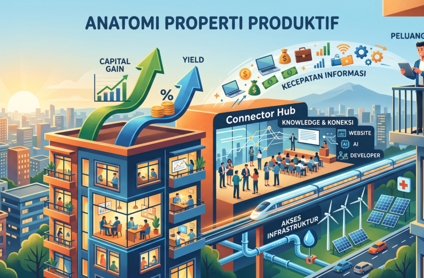 Infografis anatomi properti produktif yang menunjukkan perbandingan keuntungan investasi di kota, mencakup capital gain, yield, akses infrastruktur, koneksi, dan kecepatan informasi.
