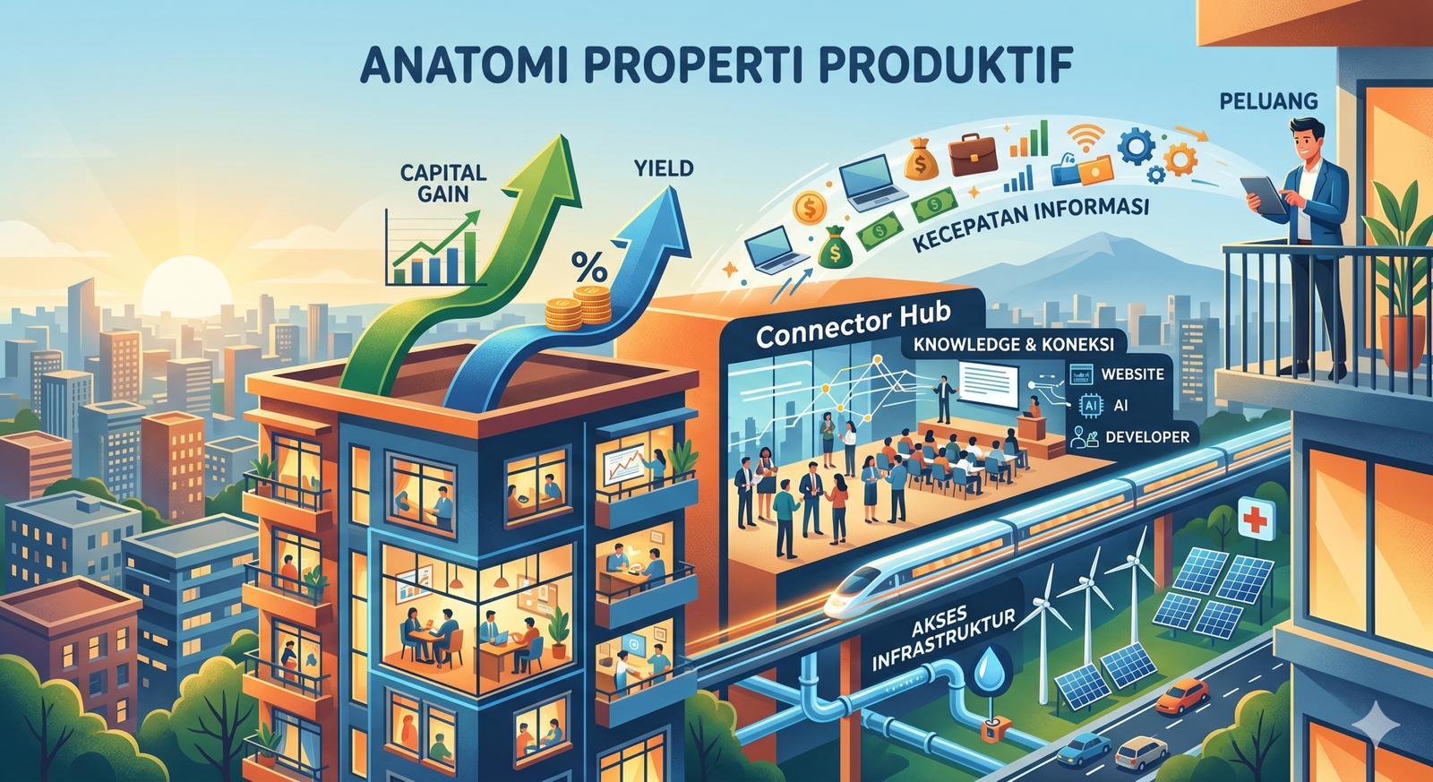 Infografis anatomi properti produktif yang menunjukkan perbandingan keuntungan investasi di kota, mencakup capital gain, yield, akses infrastruktur, koneksi, dan kecepatan informasi.