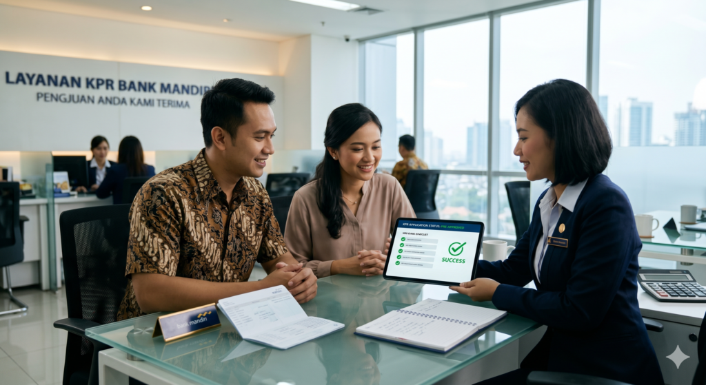 Sepasang pasangan muda Indonesia tersenyum sukses setelah pengajuan KPR mereka disetujui oleh petugas bank di kantor.