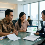 Sepasang pasangan muda Indonesia tersenyum sukses setelah pengajuan KPR mereka disetujui oleh petugas bank di kantor.