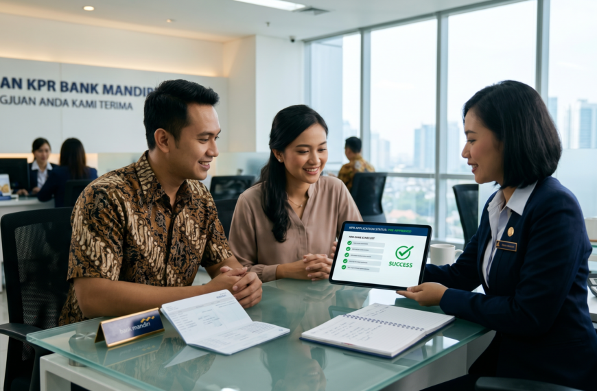 Sepasang pasangan muda Indonesia tersenyum sukses setelah pengajuan KPR mereka disetujui oleh petugas bank di kantor.