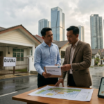 Dua profesional properti mendiskusikan rencana investasi perumahan di Indonesia di depan rumah dijual.