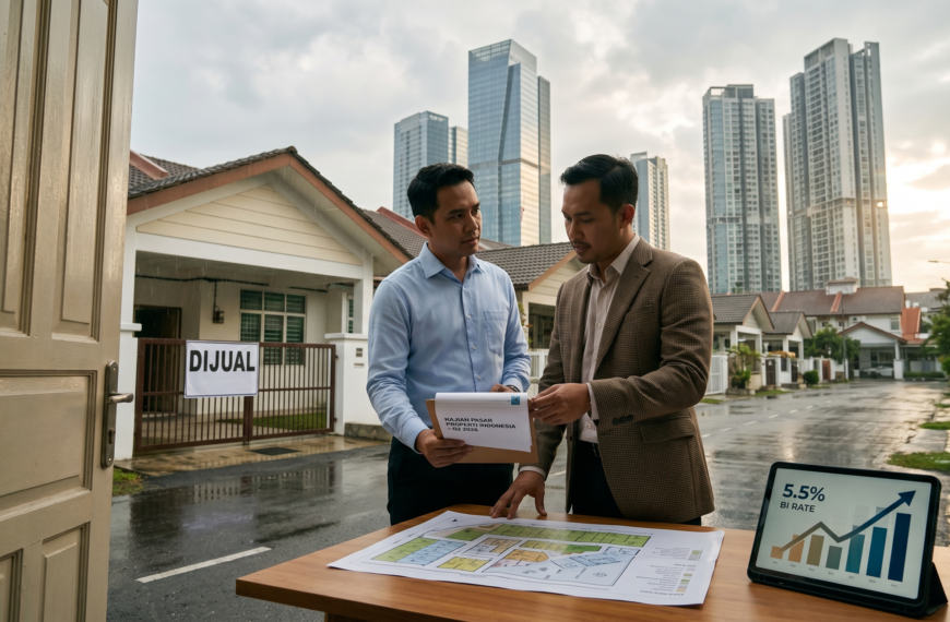 Dua profesional properti mendiskusikan rencana investasi perumahan di Indonesia di depan rumah dijual.