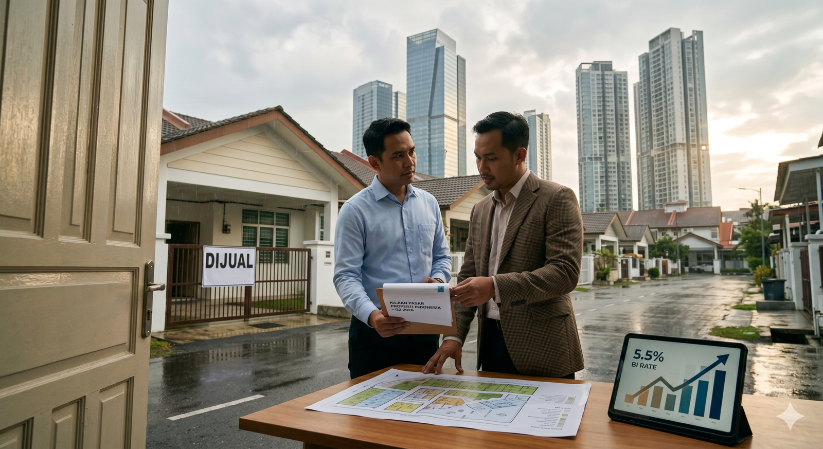 Dua profesional properti mendiskusikan rencana investasi perumahan di Indonesia di depan rumah dijual.