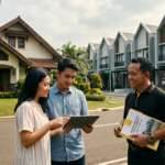 Agen Raywhite dan pasangan muda melihat tablet di depan rumah tradisional dan townhouse modern.