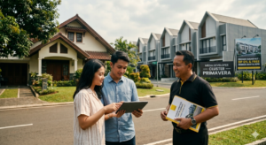 Agen Raywhite dan pasangan muda melihat tablet di depan rumah tradisional dan townhouse modern.