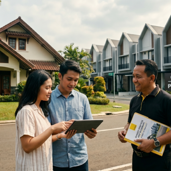 Agen Raywhite dan pasangan muda melihat tablet di depan rumah tradisional dan townhouse modern.