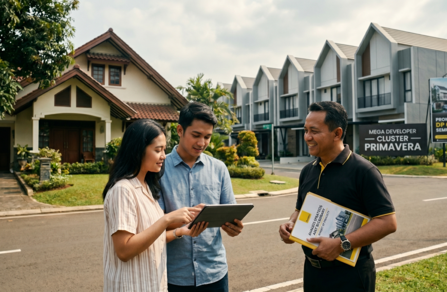 Agen Raywhite dan pasangan muda melihat tablet di depan rumah tradisional dan townhouse modern.
