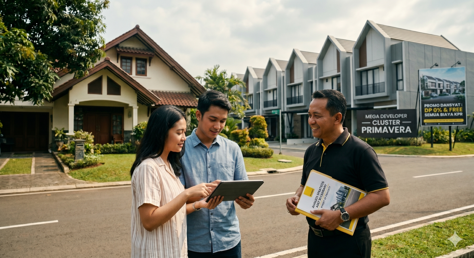 Agen Raywhite dan pasangan muda melihat tablet di depan rumah tradisional dan townhouse modern.