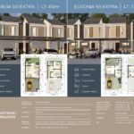 Broshur spesifikasi bangunan dan denah rumah tipe Denalia 50 Extra dan Elgonia 65 Extra beserta detail material seperti pondasi, genteng, dan lantai.