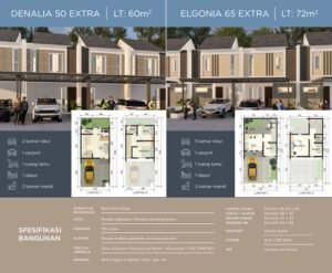 Broshur spesifikasi bangunan dan denah rumah tipe Denalia 50 Extra dan Elgonia 65 Extra beserta detail material seperti pondasi, genteng, dan lantai.