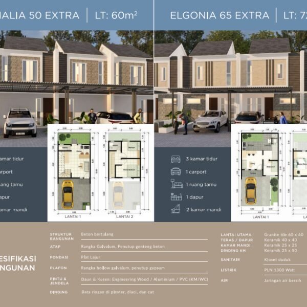 Broshur spesifikasi bangunan dan denah rumah tipe Denalia 50 Extra dan Elgonia 65 Extra beserta detail material seperti pondasi, genteng, dan lantai.