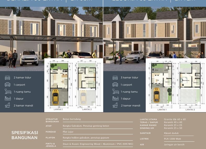 Broshur spesifikasi bangunan dan denah rumah tipe Denalia 50 Extra dan Elgonia 65 Extra beserta detail material seperti pondasi, genteng, dan lantai.