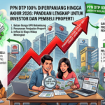 Infografis panduan lengkap perpanjangan PPN DTP 100% hingga akhir 2026 untuk investor dan pembeli properti di Indonesia, menampilkan manfaat penghematan pajak dan peluang pasar yang bergairah.