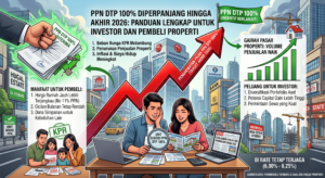 Infografis panduan lengkap perpanjangan PPN DTP 100% hingga akhir 2026 untuk investor dan pembeli properti di Indonesia, menampilkan manfaat penghematan pajak dan peluang pasar yang bergairah.
