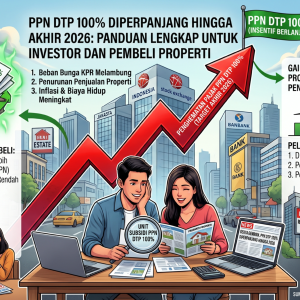 Infografis panduan lengkap perpanjangan PPN DTP 100% hingga akhir 2026 untuk investor dan pembeli properti di Indonesia, menampilkan manfaat penghematan pajak dan peluang pasar yang bergairah.