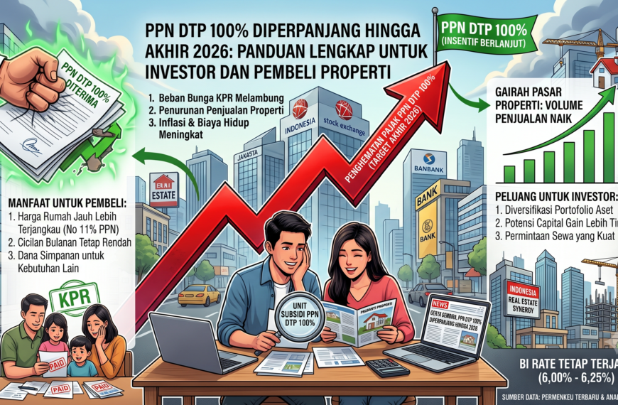 Infografis panduan lengkap perpanjangan PPN DTP 100% hingga akhir 2026 untuk investor dan pembeli properti di Indonesia, menampilkan manfaat penghematan pajak dan peluang pasar yang bergairah.