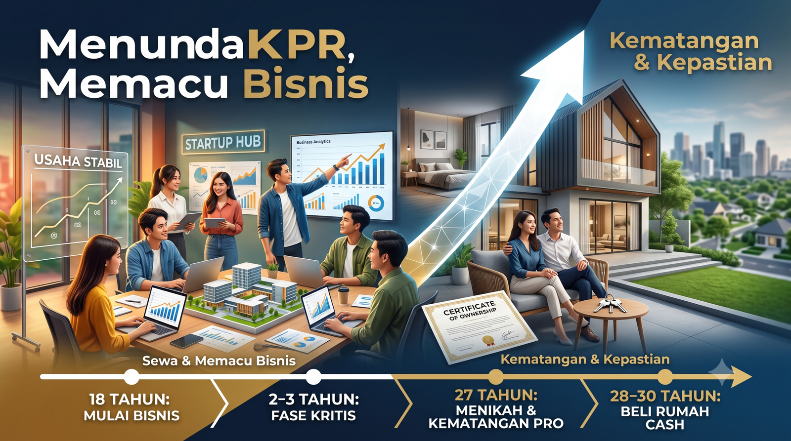 Infografis garis waktu strategi wirausaha perbandingan fase sewa untuk memacu pertumbuhan bisnis usia 18-27 tahun vs fase matang membeli rumah tunai setelah bisnis stabil usia 28-30 tahun