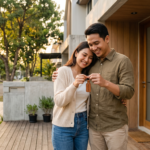 Sepasang pasangan muda Indonesia yang bahagia memegang kunci rumah pertama mereka di teras rumah minimalis modern Patra Raya pada sore hari saat golden hour.