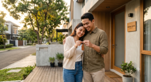 Sepasang pasangan muda Indonesia yang bahagia memegang kunci rumah pertama mereka di teras rumah minimalis modern Patra Raya pada sore hari saat golden hour.