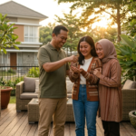 Orang tua paruh baya bahagia menyerahkan kunci rumah untuk anak mereka di teras yang nyaman dan asri di Patra Raya saat sore hari, pencahayaan golden hour emosional.