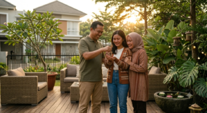 Orang tua paruh baya bahagia menyerahkan kunci rumah untuk anak mereka di teras yang nyaman dan asri di Patra Raya saat sore hari, pencahayaan golden hour emosional.