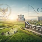 Ilustrasi grafis RUU Reforma Agraria 2026 yang menampilkan lambang DPR RI, sawah produktif, papan nama BRAN, dan grafik target rasio gini 0,30