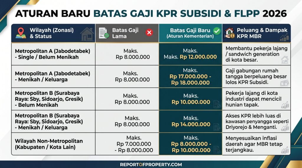 Matriks Data: Perbandingan Aturan Batas Gaji MBR KPR Subsidi FLPP Berdasarkan Zonasi Wilayah (Jabodetabek, Surabaya Raya & Daerah Lainnya).