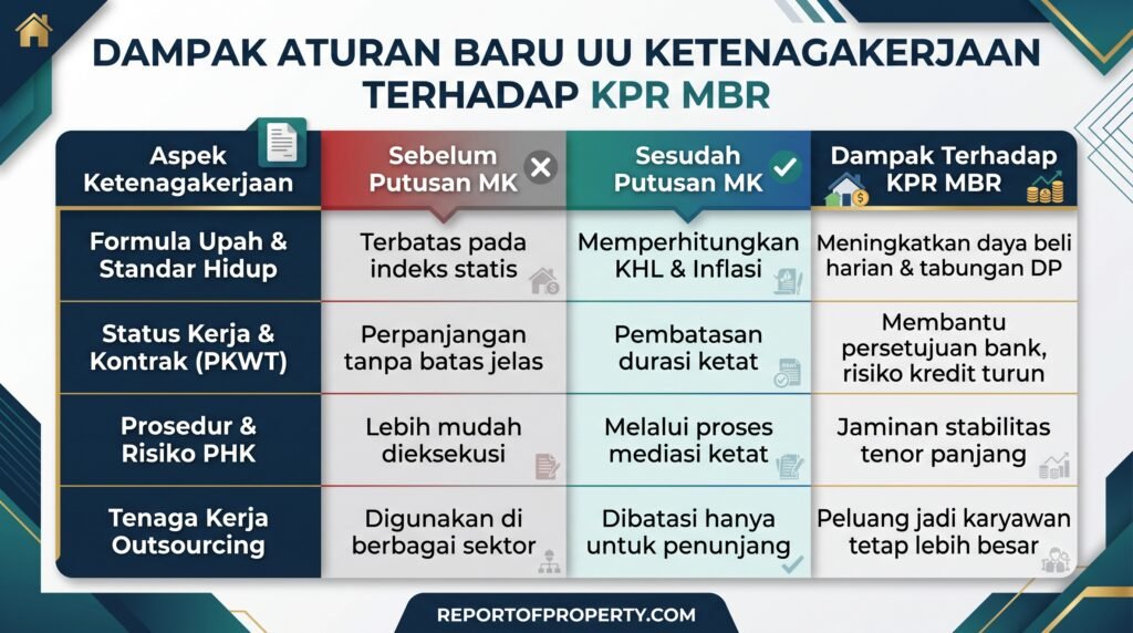 Infografis matriks data perbandingan UU Ketenagakerjaan baru dan dampaknya terhadap persetujuan KPR MBR